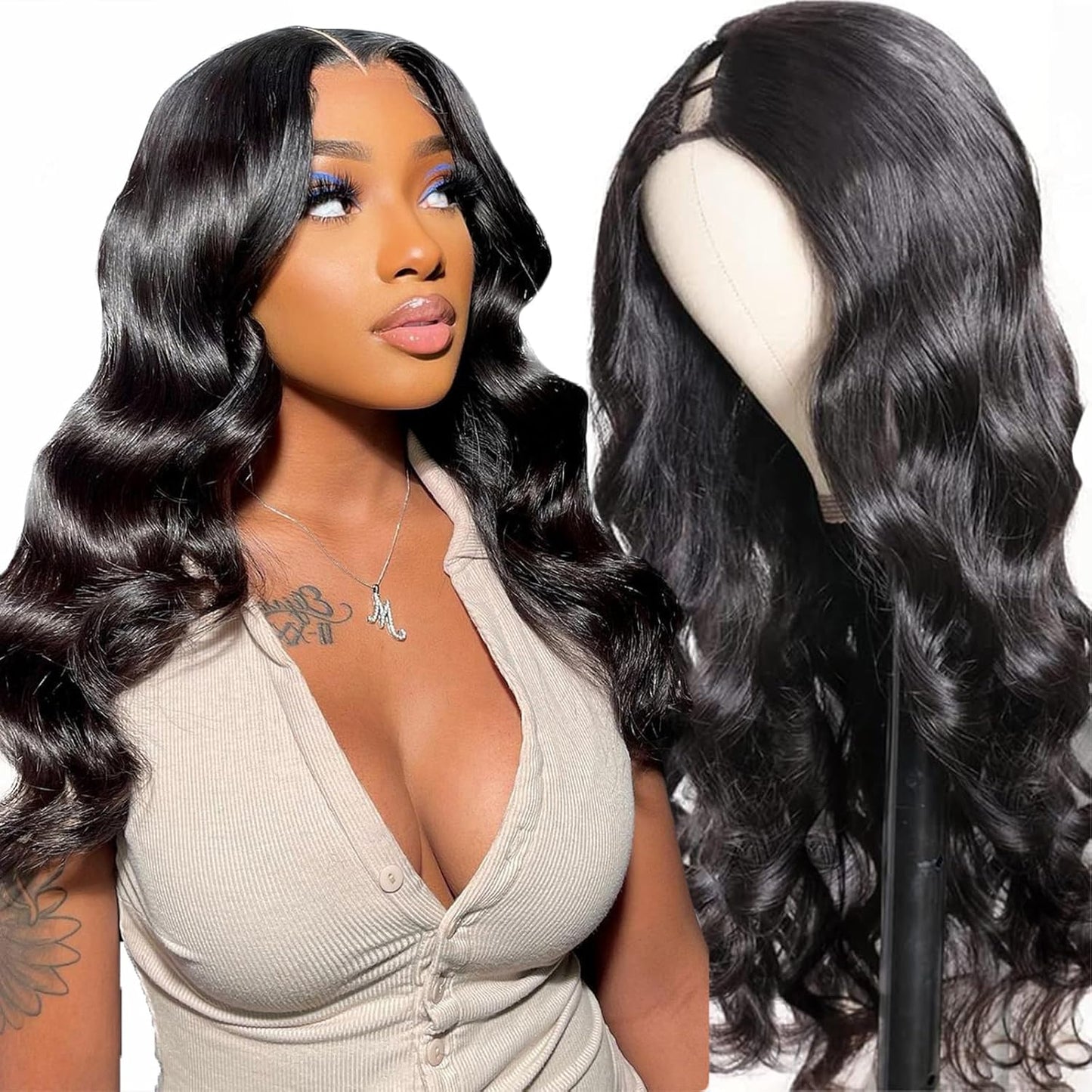 U Part Human Hair Wig Body Wave for Women Brazilian Remy Upart Human Hair Wig Beginner Friendly No Sew in NO Glue Half Wig 180% Density Natural Color 20Inch
