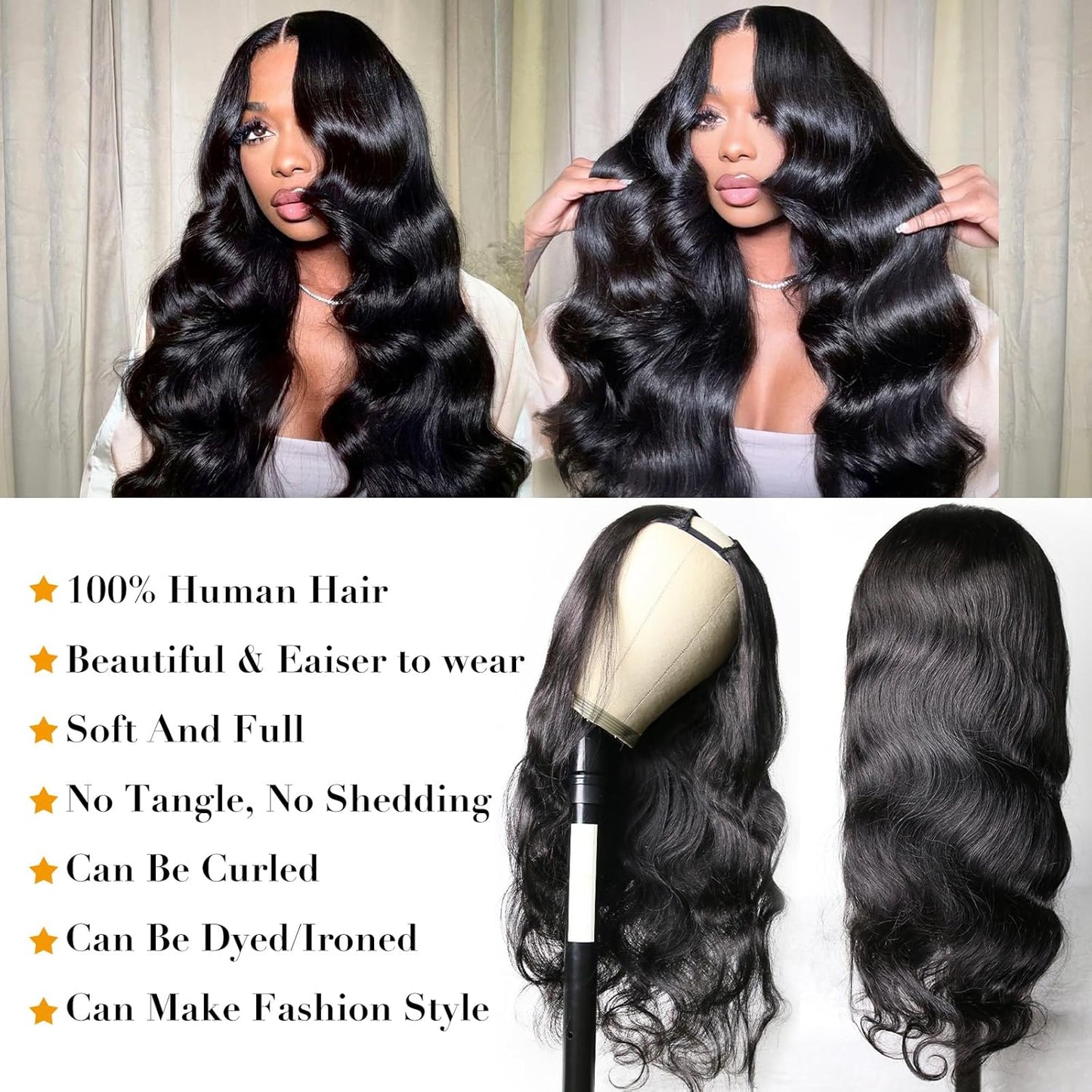 U Part Human Hair Wig Body Wave for Women Brazilian Remy Upart Human Hair Wig Beginner Friendly No Sew in NO Glue Half Wig 180% Density Natural Color 20Inch