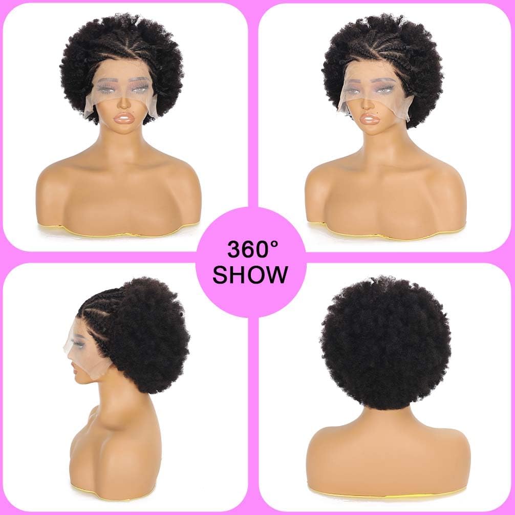 Braided Wigs for Black Women Human Hair Afro Puff Lace Frontal Hair Wigs Afro KinkyCurly Human Hair 13x6 Hd Lace Front Pre Braided Cornrow Wig 200% Density (6 inch)