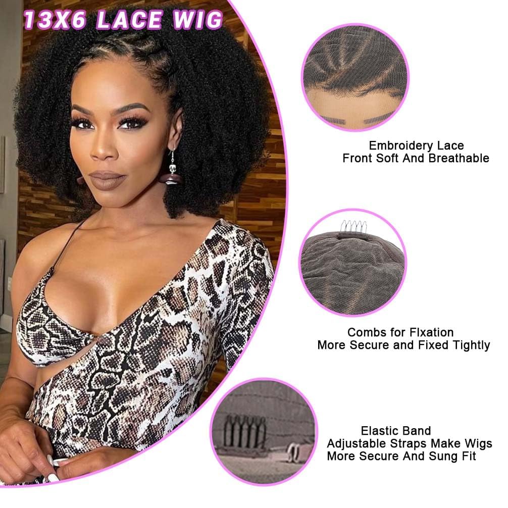 Braided Wigs for Black Women Human Hair Afro Puff Lace Frontal Hair Wigs Afro KinkyCurly Human Hair 13x6 Hd Lace Front Pre Braided Cornrow Wig 200% Density (6 inch)