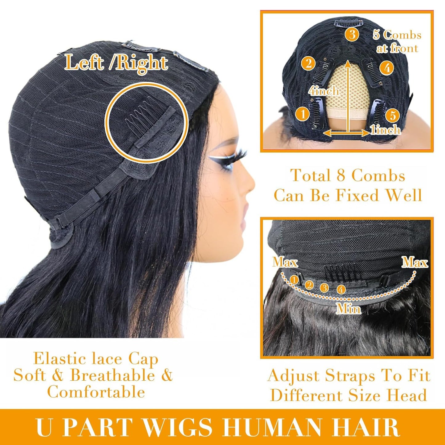 U Part Human Hair Wig Body Wave for Women Brazilian Remy Upart Human Hair Wig Beginner Friendly No Sew in NO Glue Half Wig 180% Density Natural Color 20Inch