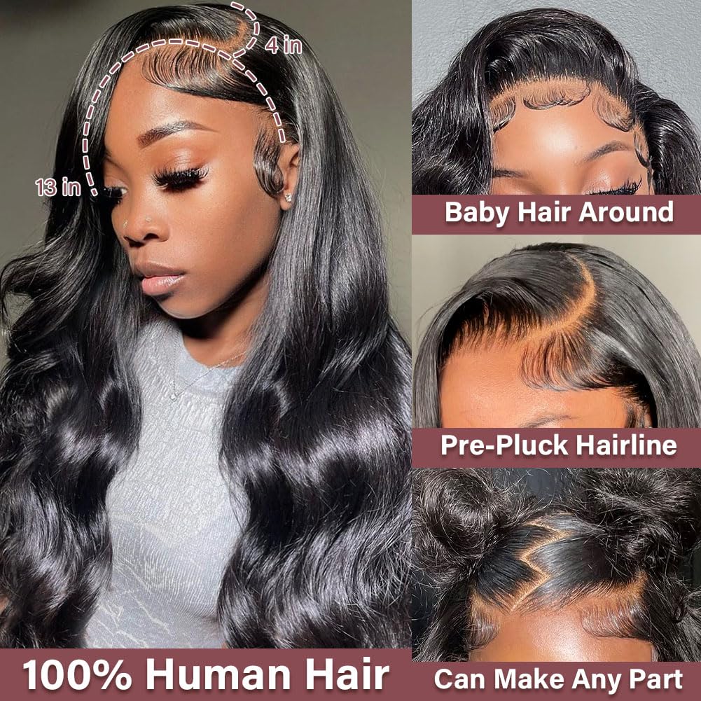 13x4 HD Lace Frontal Human Hair Body Wave SKINLIKE 0.1mm Ultra-Thin HD Lace Frontal Pre Plucked Natural Hairline Small Knots 12A Braizilian Virgin Hair 14 Inch Body Wave Human Hair
