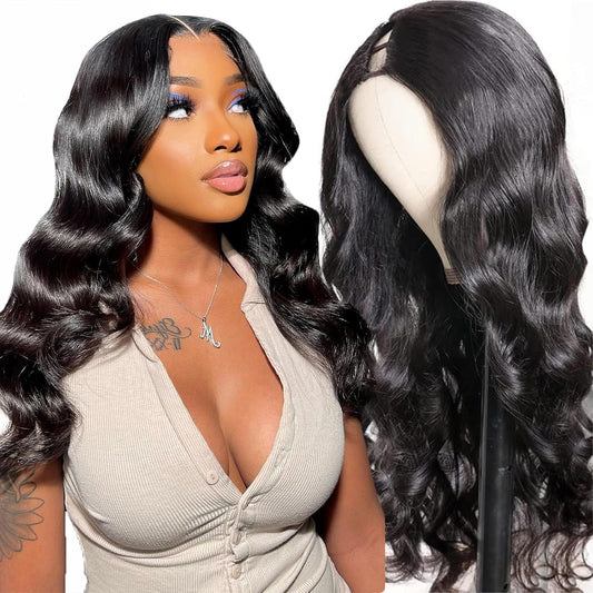 U Part Human Hair Wig Body Wave for Women Brazilian Remy Upart Human Hair Wig Beginner Friendly No Sew in NO Glue Half Wig 180% Density Natural Color 20Inch
