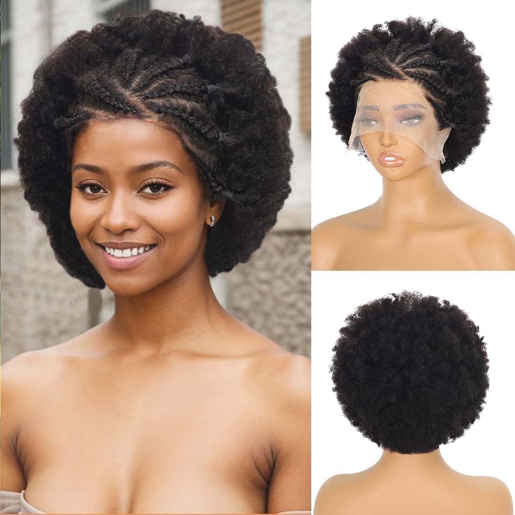 Braided Wigs for Black Women Human Hair Afro Puff Lace Frontal Hair Wigs Afro KinkyCurly Human Hair 13x6 Hd Lace Front Pre Braided Cornrow Wig 200% Density (6 inch)
