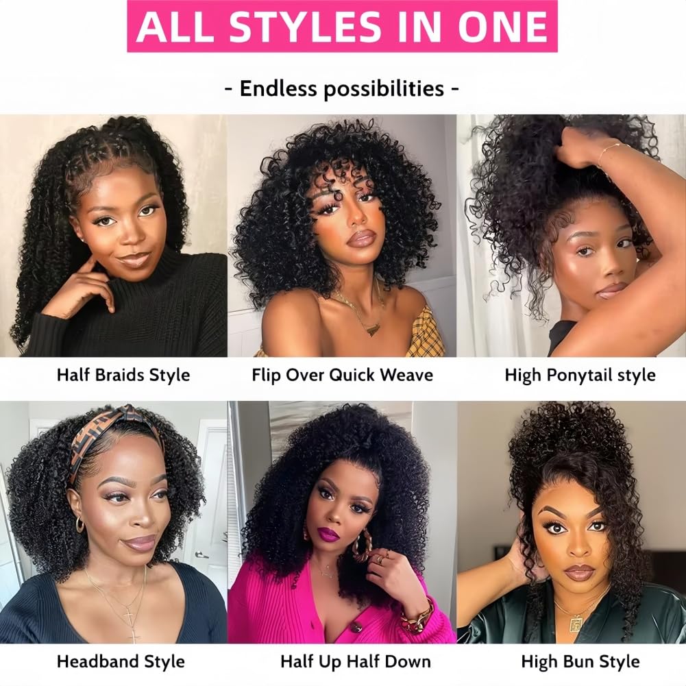 Kinky Curly Half Wig Human Hair 3 In 1 Headband Wig 200 Density Seamless Flip Over Curly Half Wig for Women Drawstring Wear and Go Glueless Wigs Human Hair Beginner Friendly 22 Inch