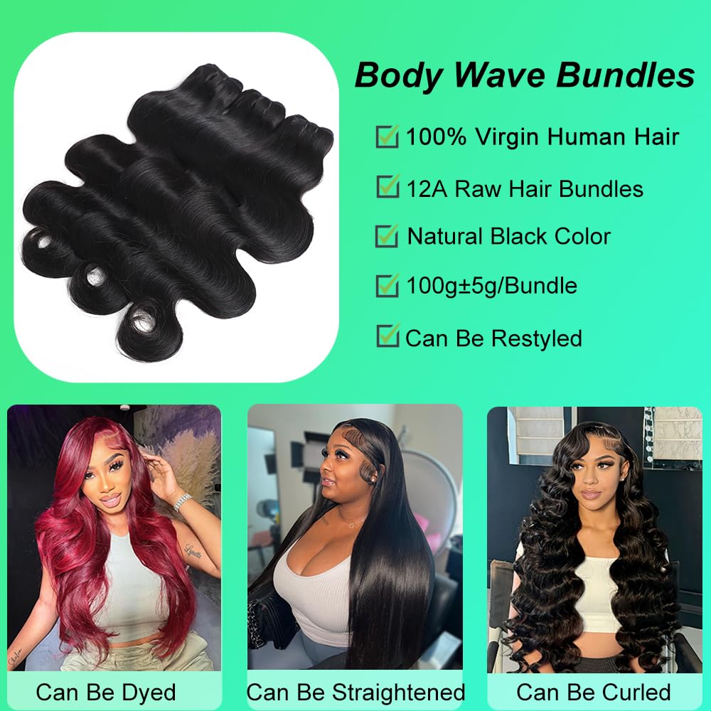 DEWELLY 12A Raw Body Wave Bundles Human Hair 20 22 24 Inch 100% Unprocessed Brazilian Virgin Human Hair Extensions 3 Bundles Deals Human Hair Natural Black Quick Weave Bundle for Women