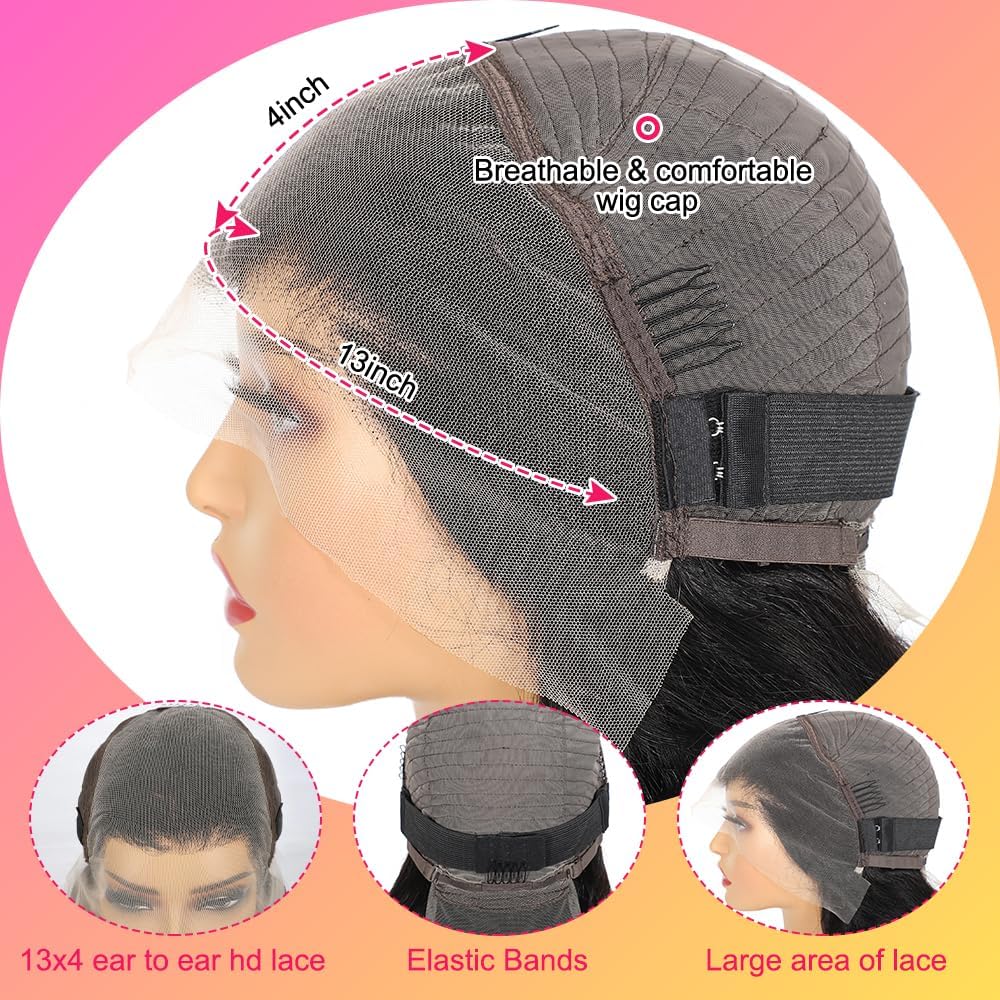 Body Wave Lace Front Wigs Human Hair Pre Plucked 13x4 Lace Front Wigs Human Hair 200% Density Brazilian Virgin Body Wave Wig for Women with Baby Hair 26Inch Natural Black