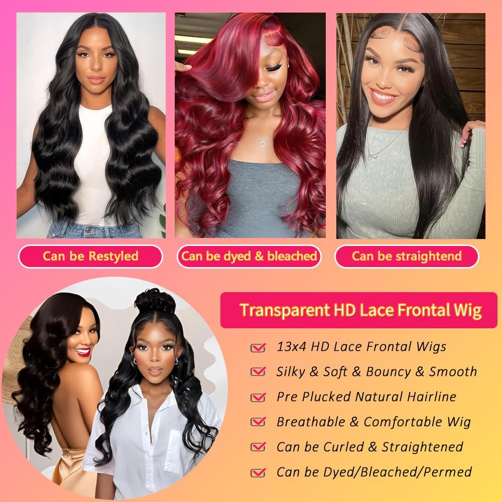 Body Wave Lace Front Wigs Human Hair Pre Plucked 13x4 Lace Front Wigs Human Hair 200% Density Brazilian Virgin Body Wave Wig for Women with Baby Hair 26Inch Natural Black