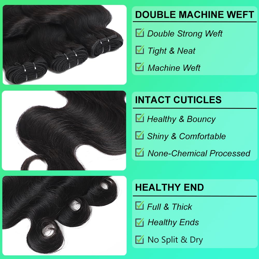 DEWELLY 12A Raw Body Wave Bundles Human Hair 20 22 24 Inch 100% Unprocessed Brazilian Virgin Human Hair Extensions 3 Bundles Deals Human Hair Natural Black Quick Weave Bundle for Women