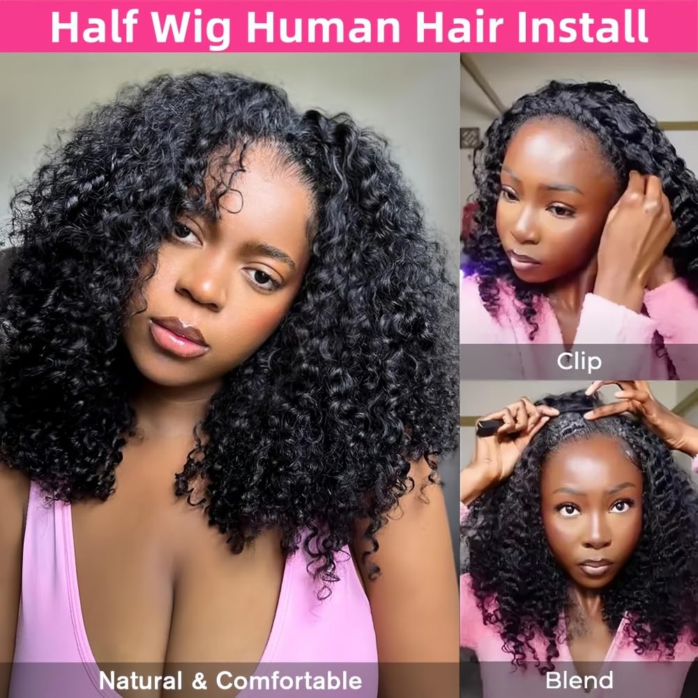 Kinky Curly Half Wig Human Hair 3 In 1 Headband Wig 200 Density Seamless Flip Over Curly Half Wig for Women Drawstring Wear and Go Glueless Wigs Human Hair Beginner Friendly 22 Inch