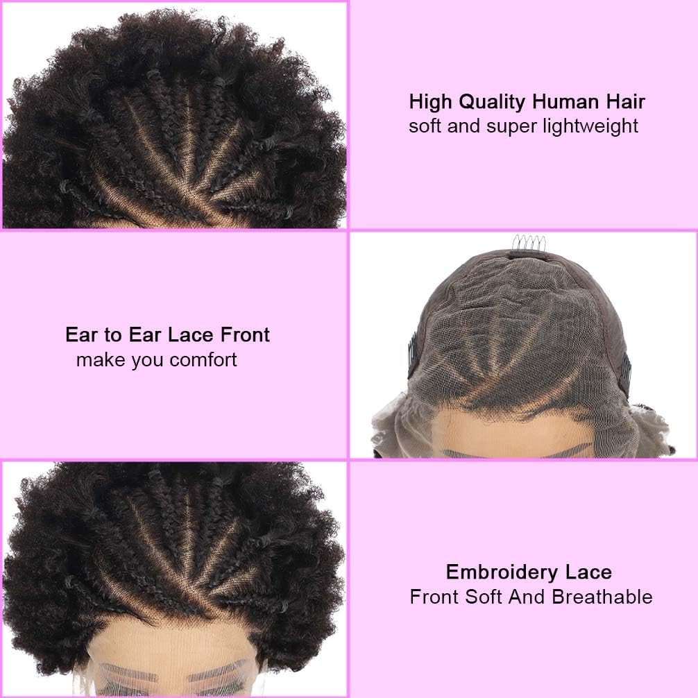 Braided Wigs for Black Women Human Hair Afro Puff Lace Frontal Hair Wigs Afro KinkyCurly Human Hair 13x6 Hd Lace Front Pre Braided Cornrow Wig 200% Density (6 inch)
