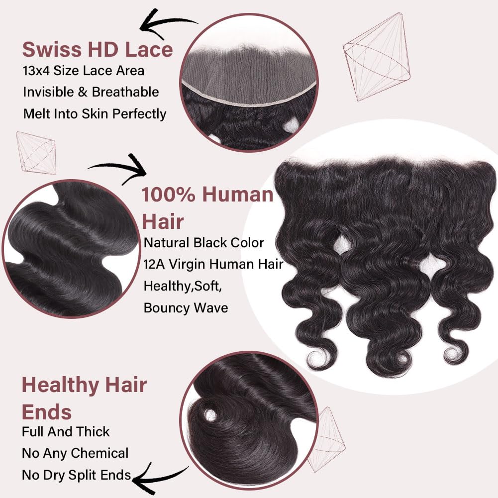 13x4 HD Lace Frontal Human Hair Body Wave SKINLIKE 0.1mm Ultra-Thin HD Lace Frontal Pre Plucked Natural Hairline Small Knots 12A Braizilian Virgin Hair 14 Inch Body Wave Human Hair