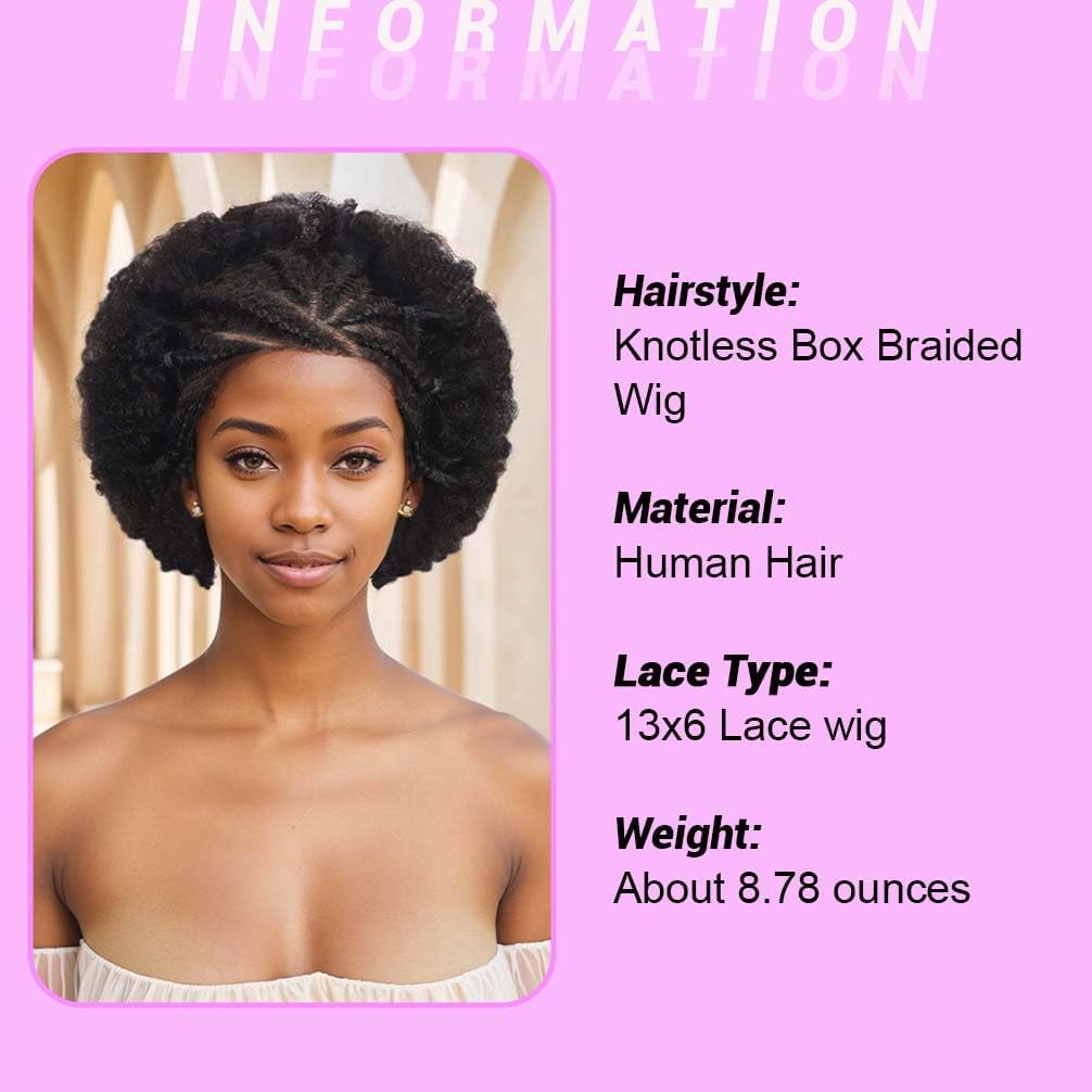 Braided Wigs for Black Women Human Hair Afro Puff Lace Frontal Hair Wigs Afro KinkyCurly Human Hair 13x6 Hd Lace Front Pre Braided Cornrow Wig 200% Density (6 inch)