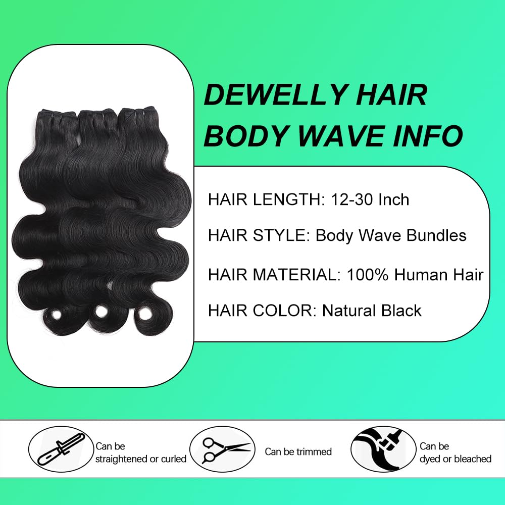 DEWELLY 12A Raw Body Wave Bundles Human Hair 20 22 24 Inch 100% Unprocessed Brazilian Virgin Human Hair Extensions 3 Bundles Deals Human Hair Natural Black Quick Weave Bundle for Women